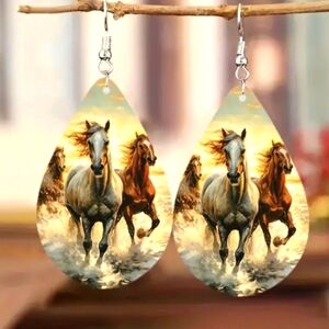 Horses Running Double Side Acrylic Teardrop Dangle Earrings - New 2 1/4"